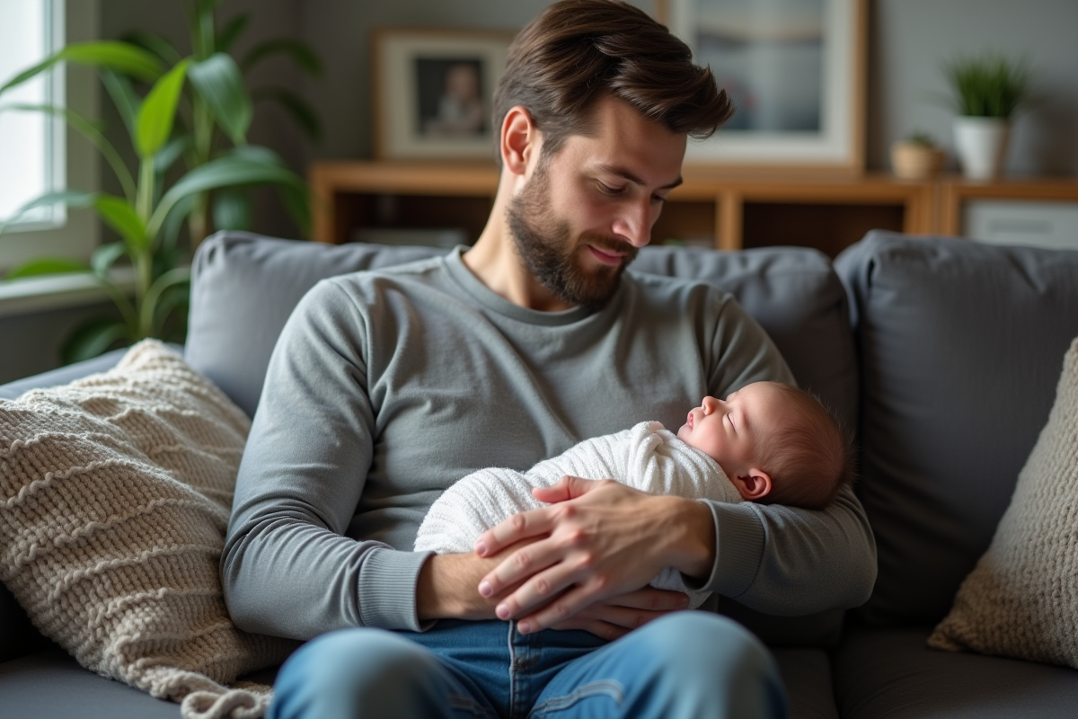 Père tenant tendrement son bébé dans un salon chaleureux