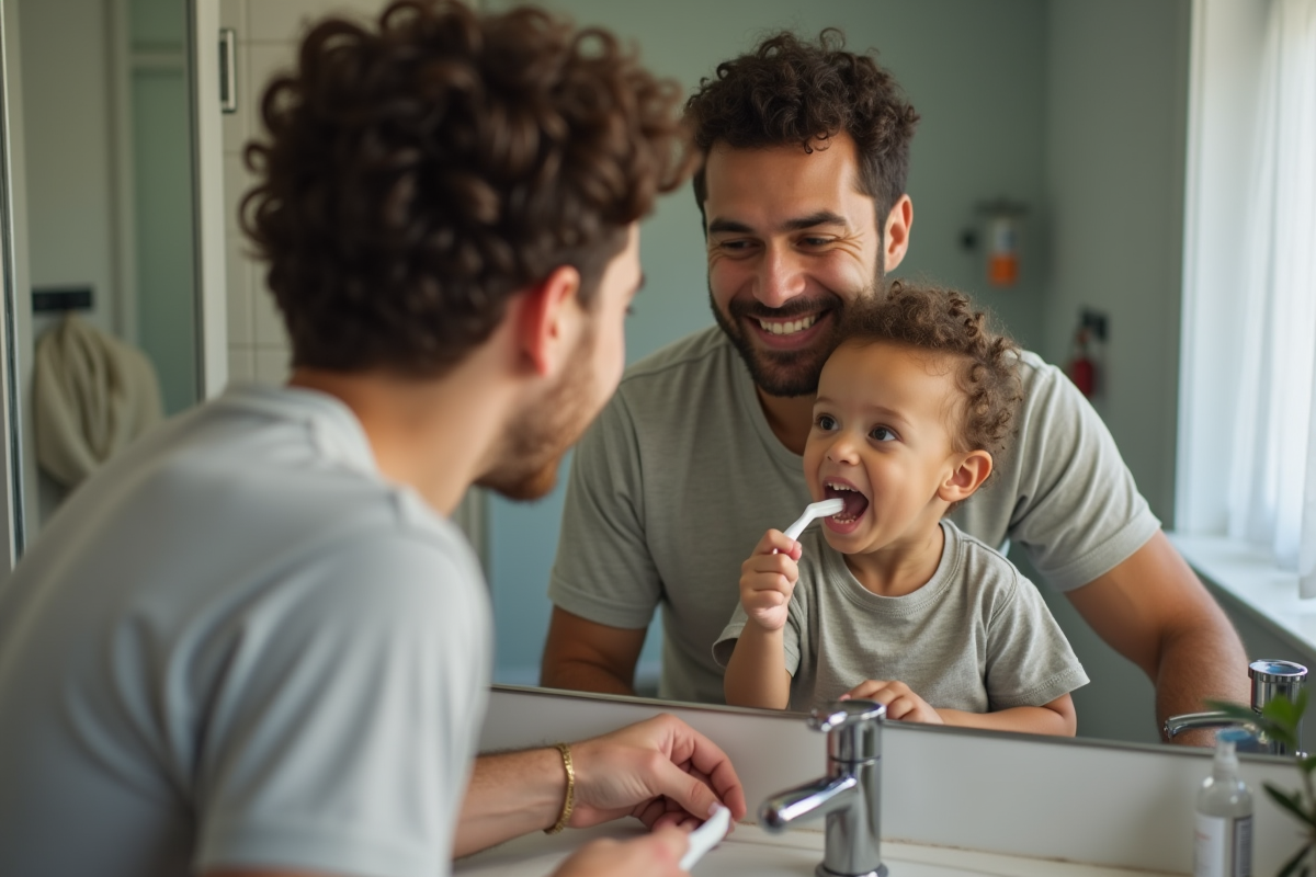 Père et enfant se brossant les dents dans la salle de bain