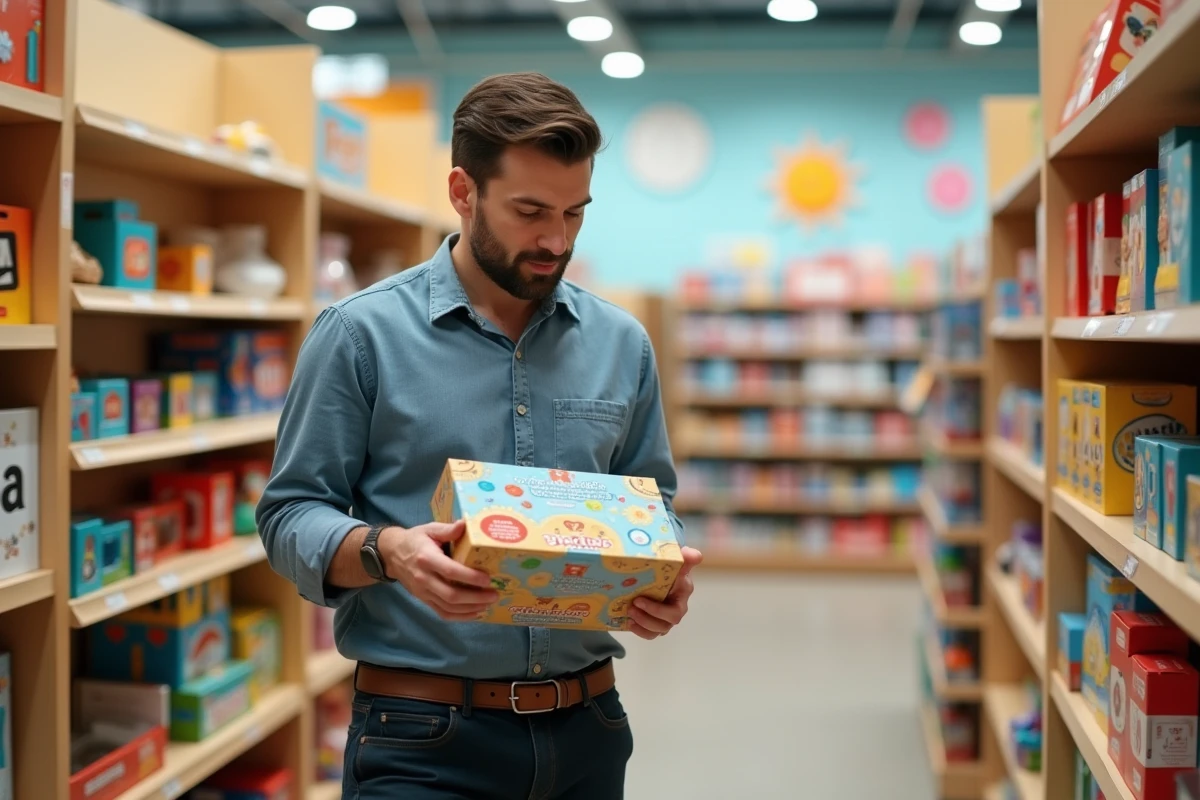 Père choisissant un jeu de société pour enfant de 3 ans dans un magasin de jouets éducatifs