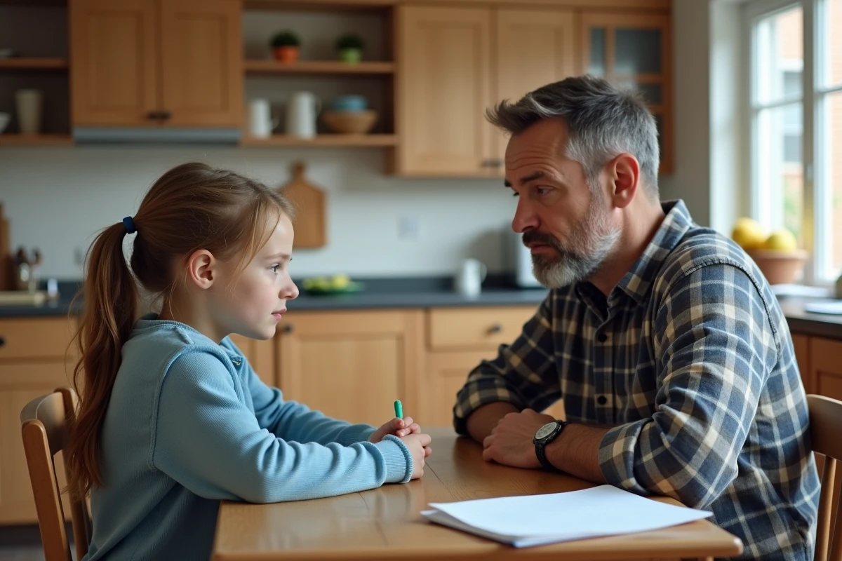 Père et fille en conversation sérieuse dans la cuisine lumineuse