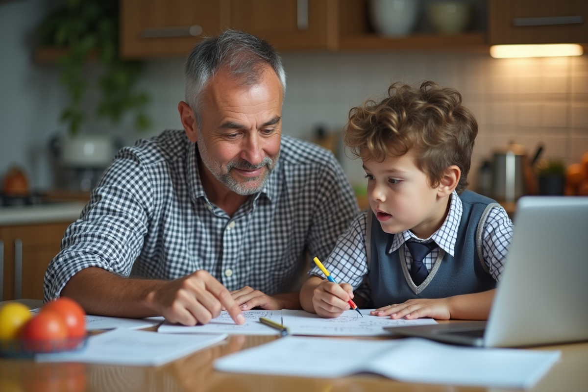 Père et fils travaillent ensemble sur leurs devoirs