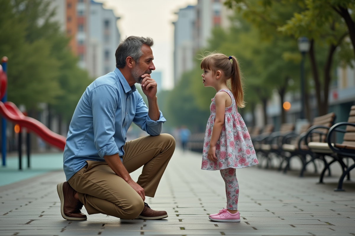 Pere parlant avec sa fille dans un parc urbain calme