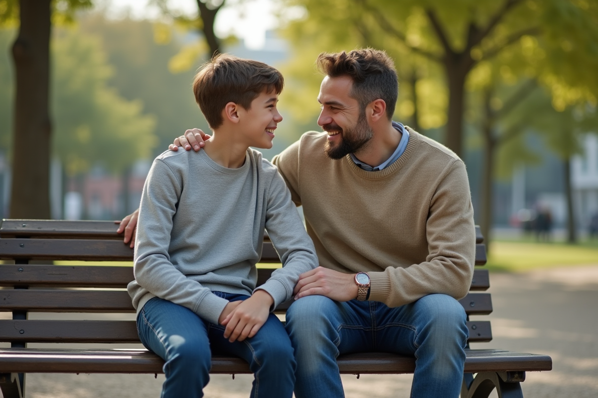 Père attentif avec son fils dans un parc urbain