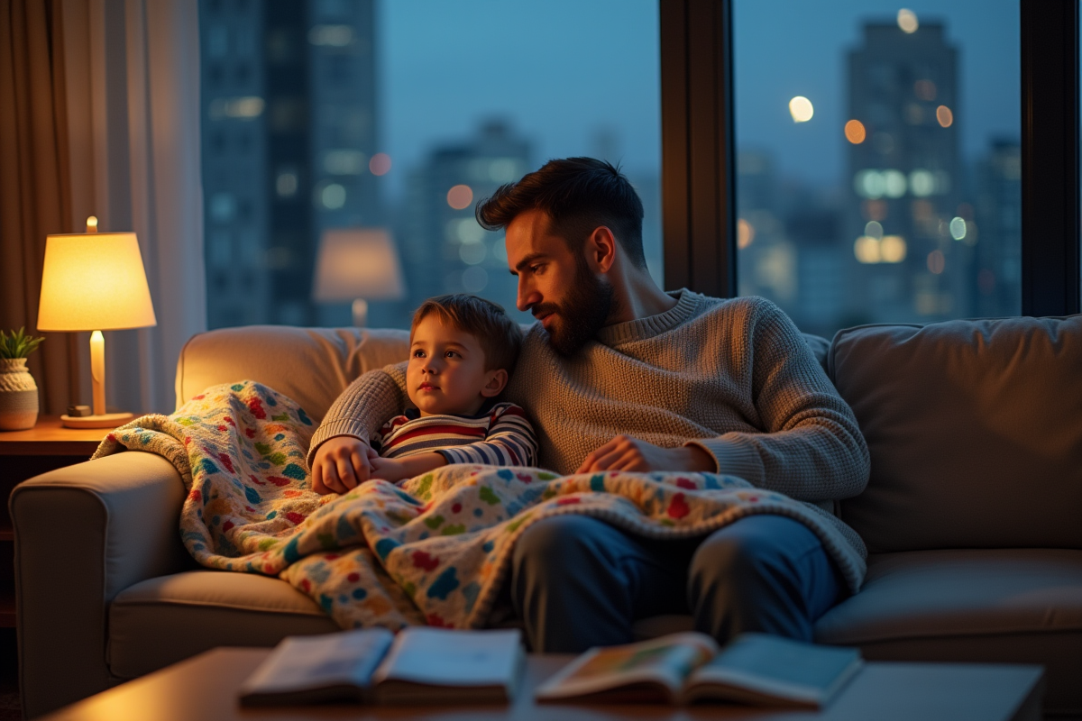 Père et fils dans un salon avec couverture colorée la nuit