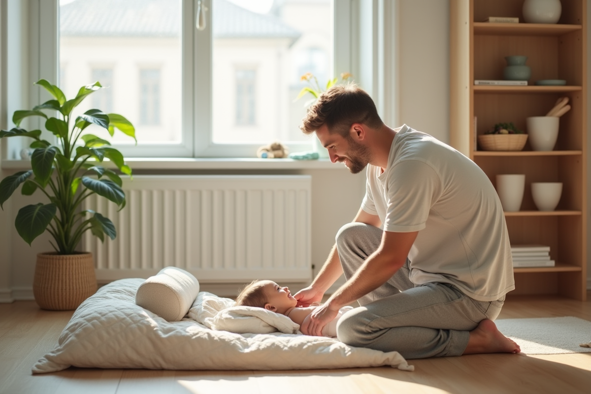 Papa souriant aide son bebe de 10 mois à se coucher dans un lit minimaliste