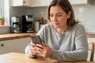 Femme paramétrant l'application Educcartable sur un smartphone Android dans sa cuisine