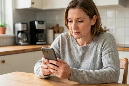 Femme paramétrant l'application Educcartable sur un smartphone Android dans sa cuisine