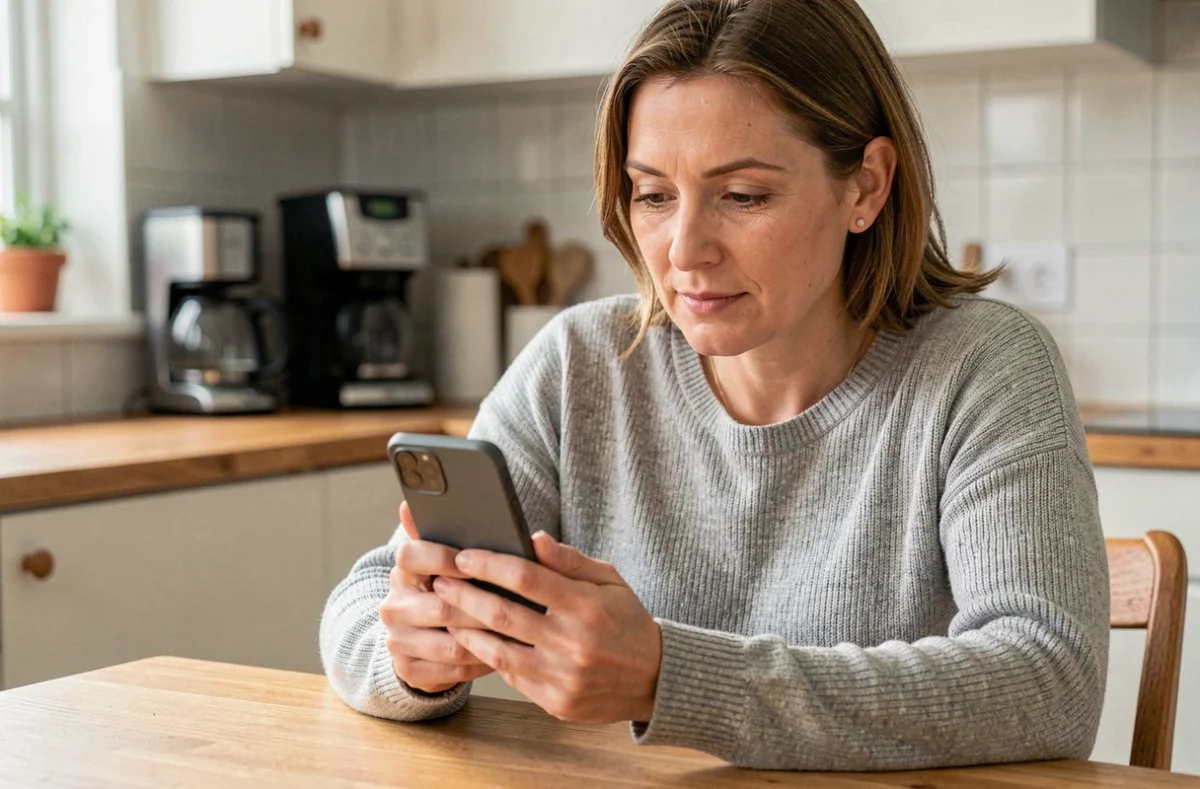 Femme paramétrant l'application Educcartable sur un smartphone Android dans sa cuisine