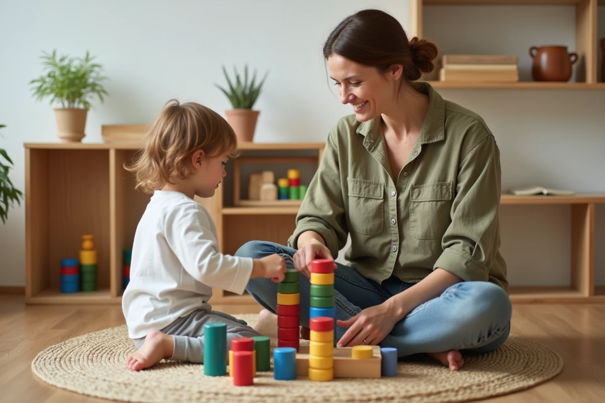 Mère solo assise avec son enfant dans un coin pédagogique Montessori à la maison, explorant du matériel éducatif en bois