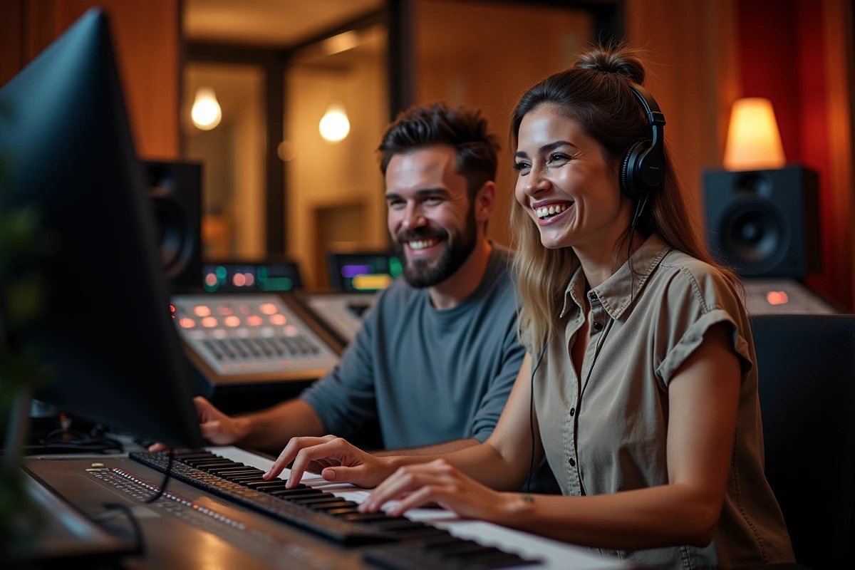 Deux artistes parents assis dans un studio d'enregistrement professionnel, illustrant l'environnement musical dans lequel grandit leur enfant