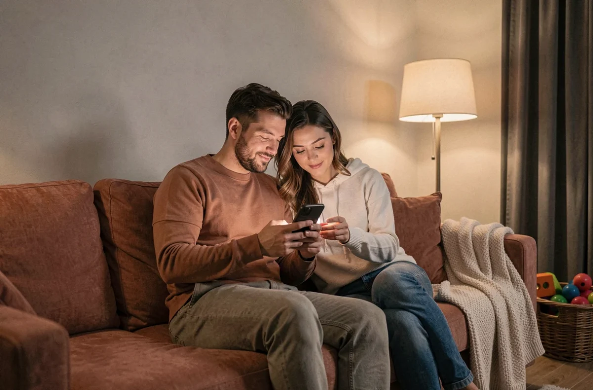 Couple de parents soulagés consultant les tarifs d'une nounou de nuit sur leur téléphone dans le salon