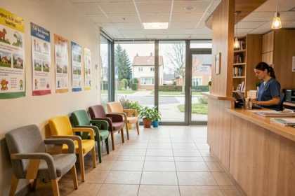 Salle d'attente d'un cabinet de pédiatrie en Seine-et-Marne avec chaises colorées pour enfants et accueil médical