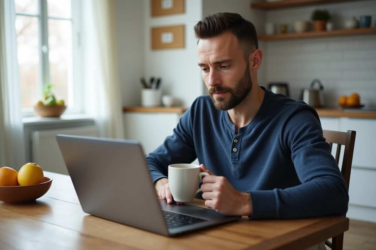 Père consultant un site de parentalité positive sur son ordinateur portable dans une cuisine moderne et chaleureuse