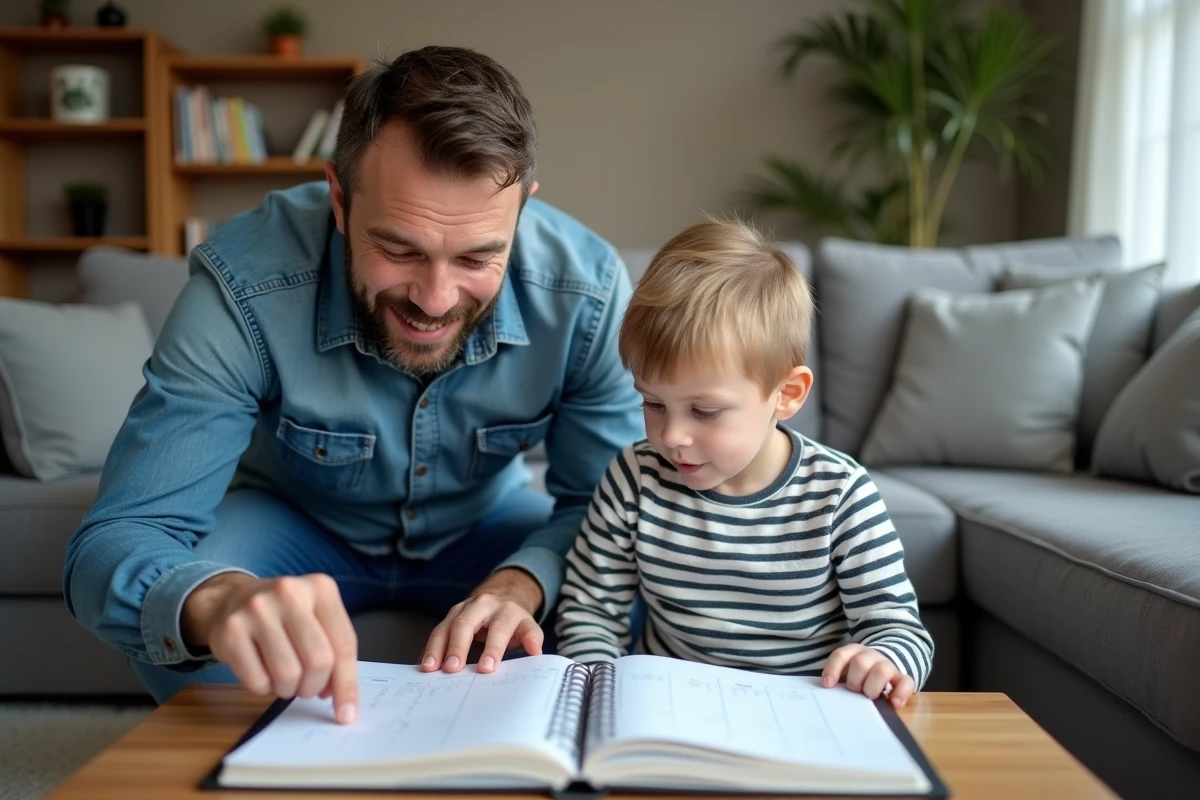 Père séparé expliquant l'alternance des semaines paires et impaires 2026 à son enfant devant un planning