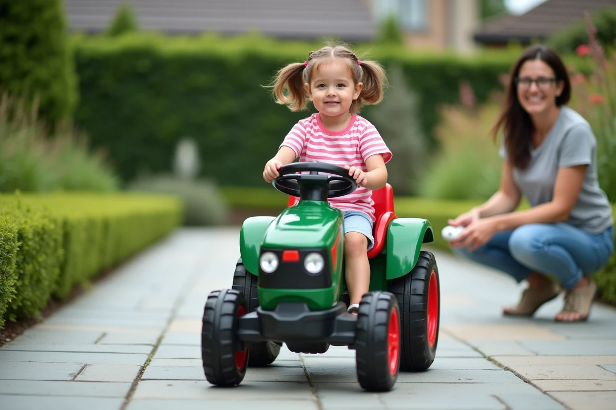 Petite fille conduisant un tracteur jouet électrique vert et rouge sur une allée de jardin pendant qu'un parent surveille avec la télécommande