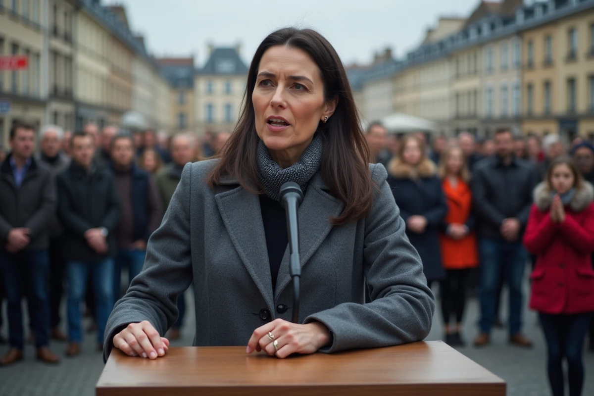 Femme prenant la parole lors d'un rassemblement politique en place publique française