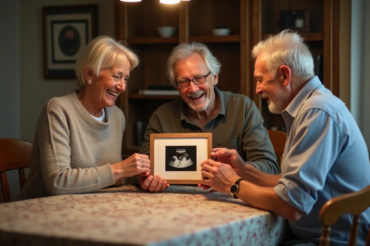 Réaction émue de la famille lors d'une annonce de grossesse simple et inoubliable autour d'une photo d'échographie partagée à table