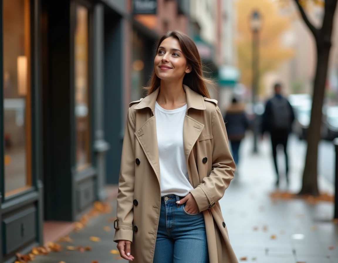 Femme adulte debout sur un trottoir en automne avec une expression d'espoir naissant, symbolisant la reconstruction de soi et la sortie d'une relation toxique pour une femme enfant