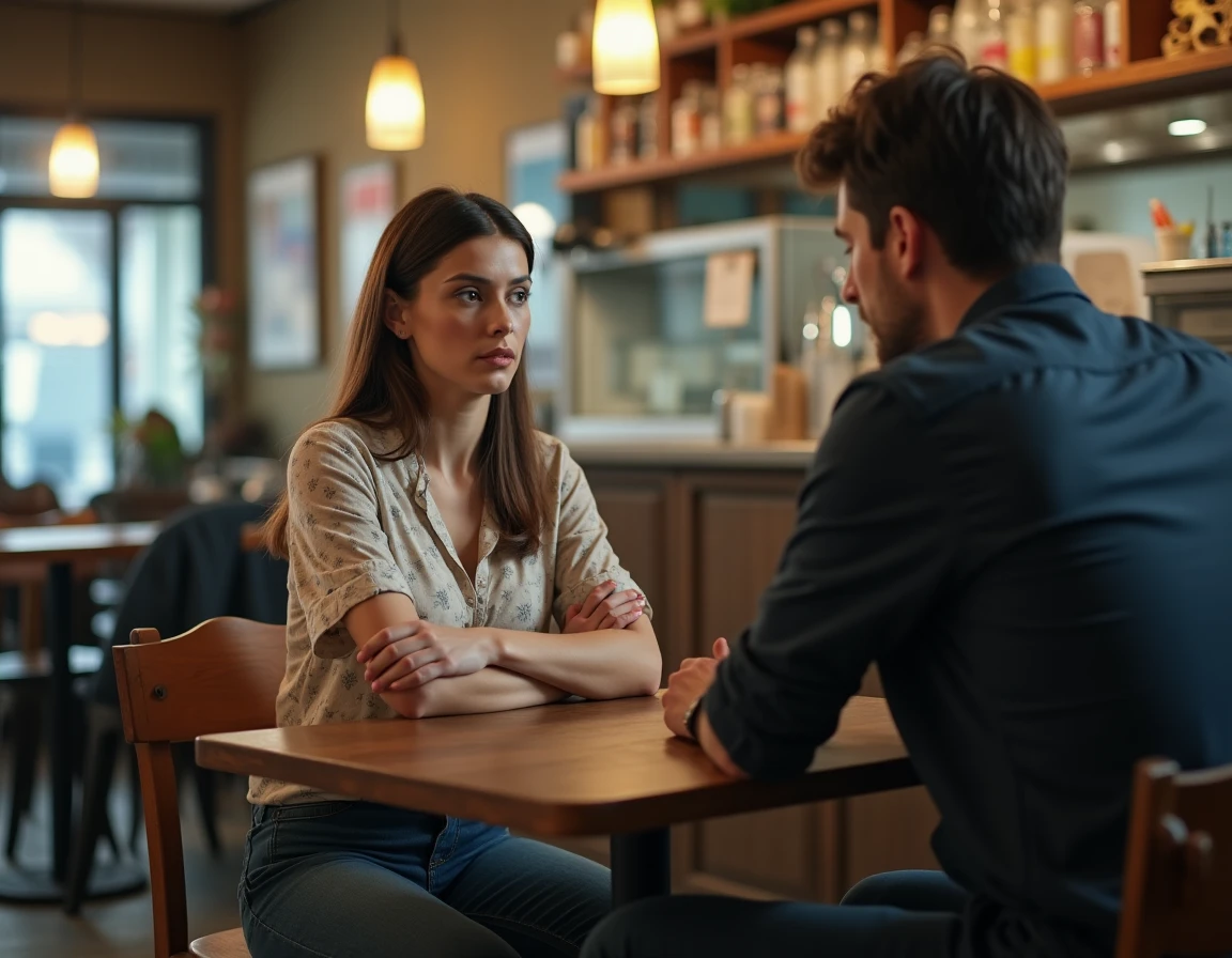 Femme adulte en posture soumise face à un homme dominant dans un café, représentant une relation toxique et le manque d'affirmation de soi caractéristique de la femme enfant