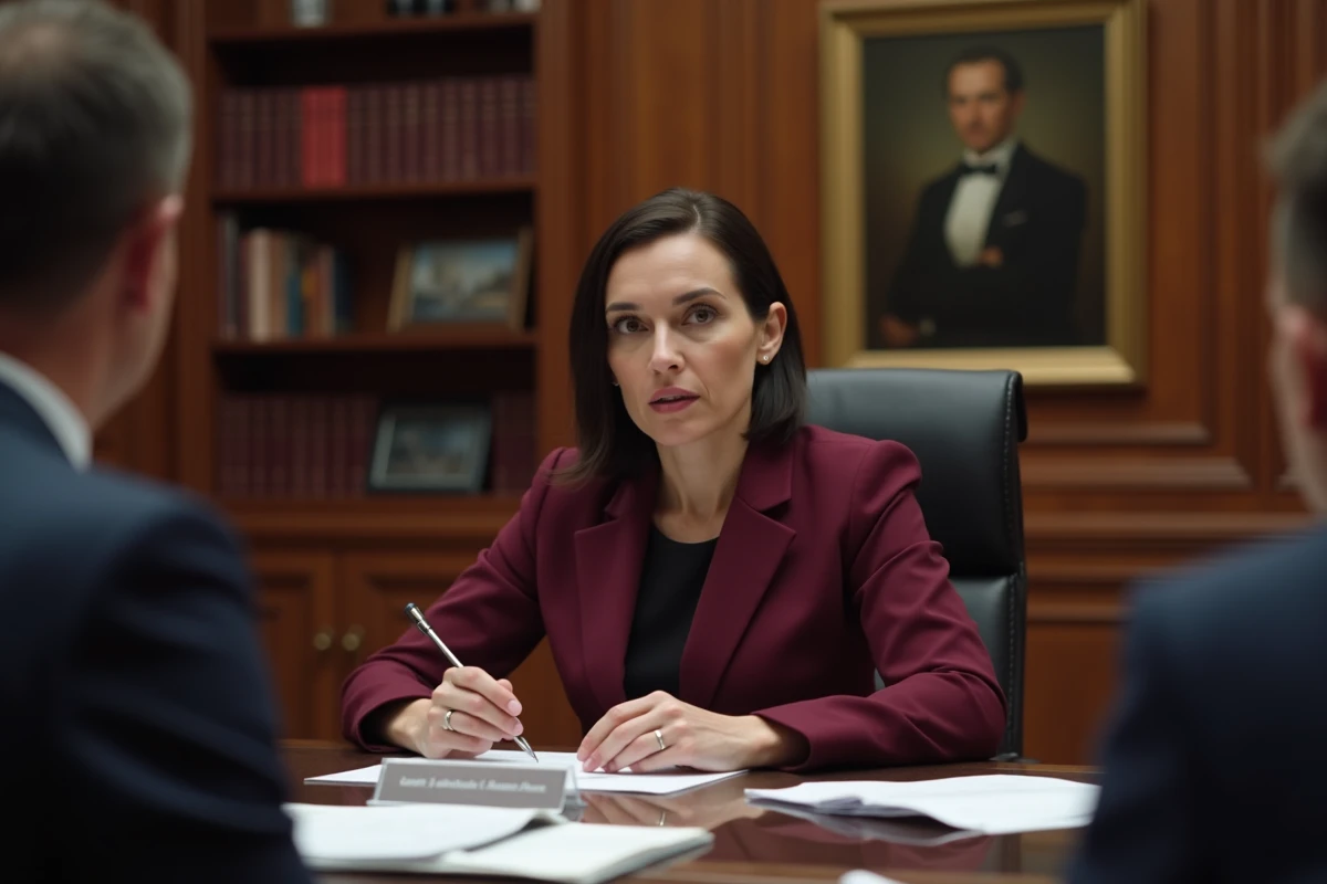 Femme politique en réunion institutionnelle dans un bureau administratif français au mobilier classique