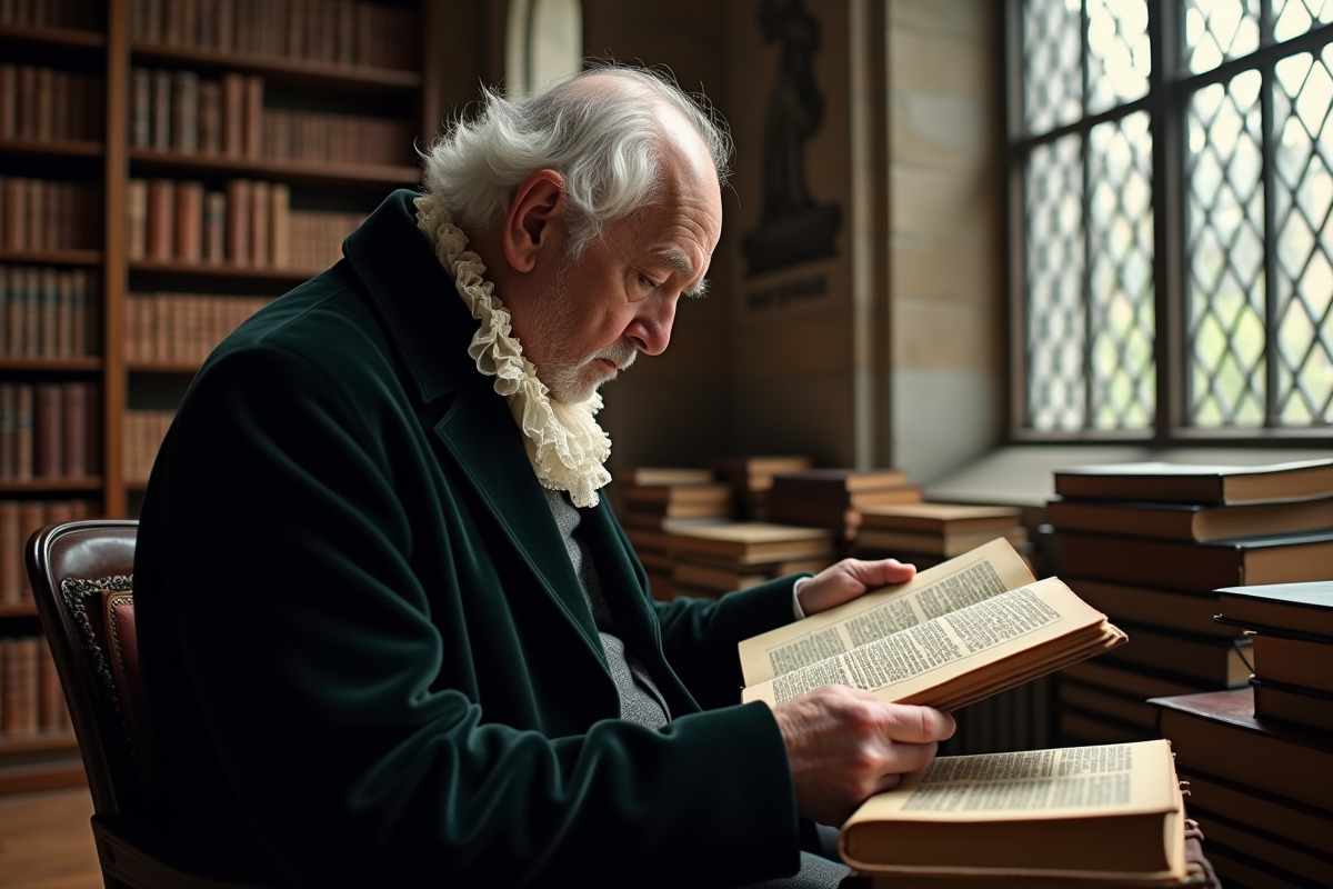Savant âgé examinant un livre ancien dans une grande bibliothèque