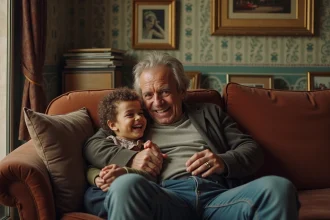 Serge Gainsbourg avec ses enfants dans un salon chaleureux