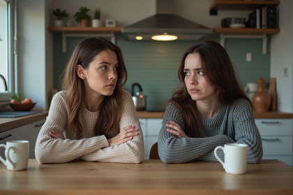 Deux soeurs adultes assises &agrave; une table de cuisine tendues