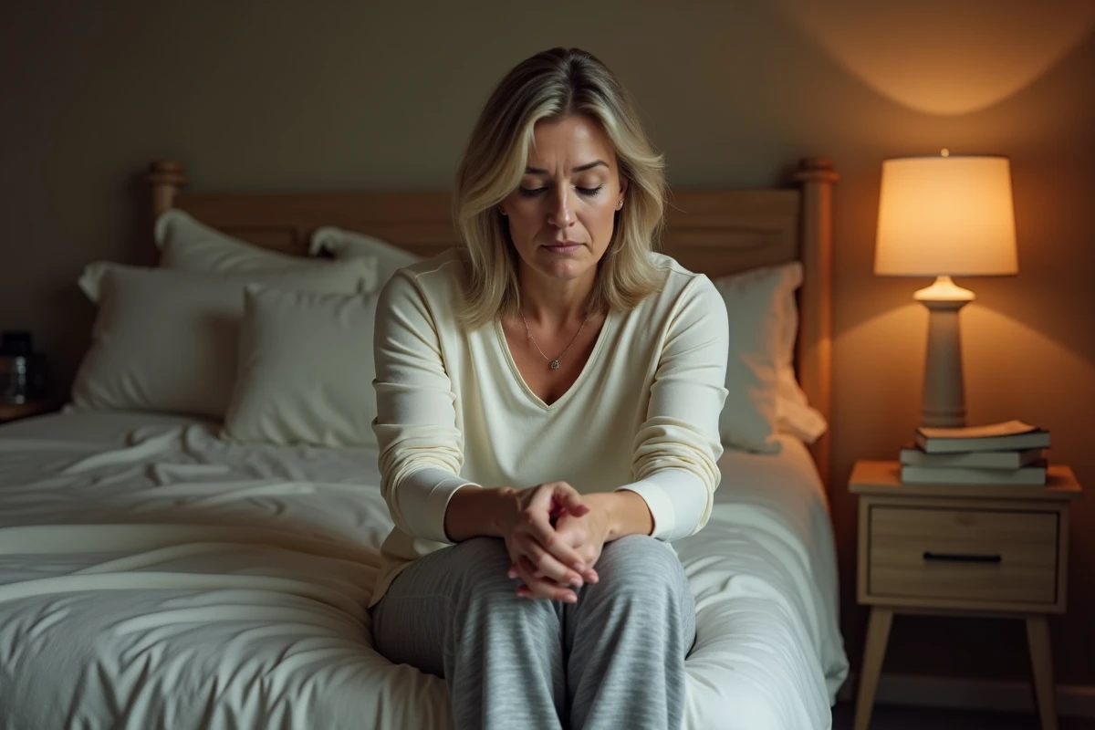 Femme assise seule au bord d'un lit, perdue dans ses pensées, exprimant la solitude émotionnelle au sein d'un couple