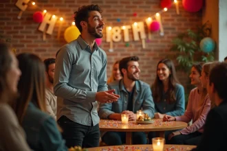 Jeune homme de 18 ans surpris par ses amis lors d'une fête d'anniversaire décorée avec des guirlandes colorées et une bannière festive