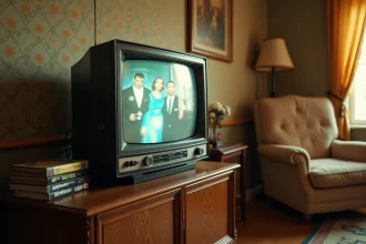 Vieux téléviseur des années 80 dans un salon vintage évoquant les émissions de variétés françaises et les mythes populaires de la télévision