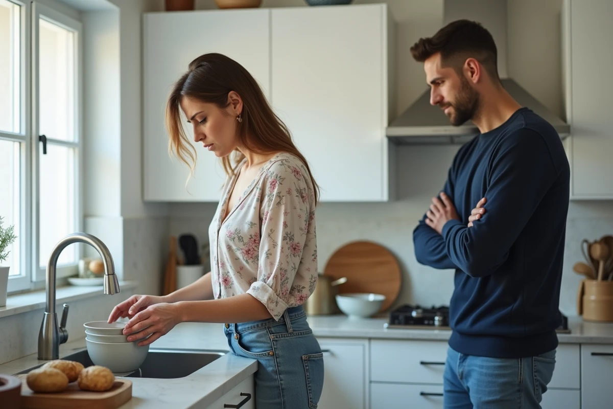 Couple en tension dans une cuisine moderne, l'homme regardant sa femme avec attente pendant qu'elle fait la vaisselle en silence