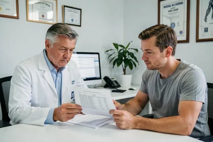 Médecin et patient examinant ensemble les résultats d'un test de paternité ADN dans un cabinet médical en France