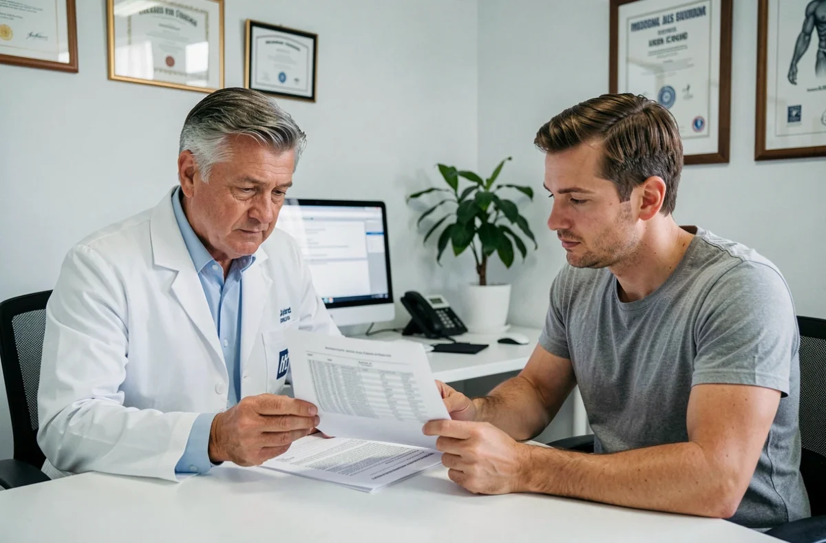Médecin et patient examinant ensemble les résultats d'un test de paternité ADN dans un cabinet médical en France