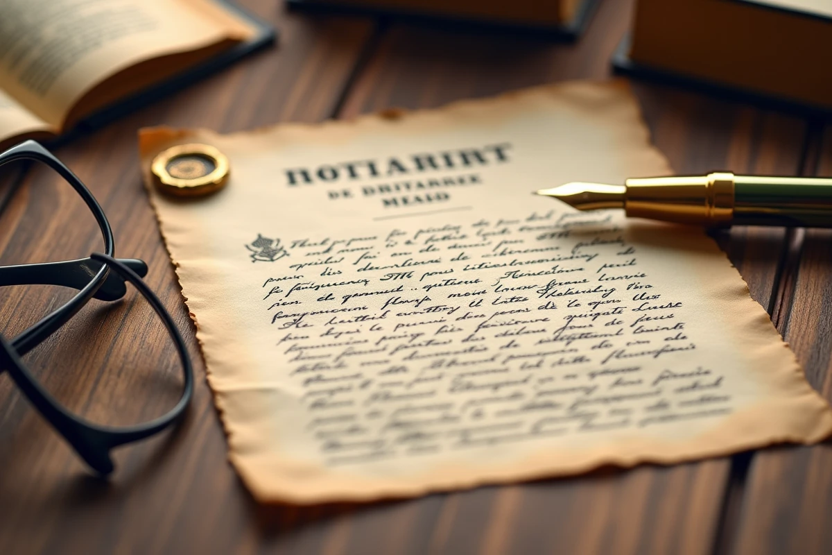 Gros plan d'un testament notarié sur un bureau en bois avec stylo plume et cachet officiel