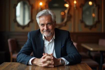 Portrait d'un homme élégant aux cheveux gris assis dans un café parisien, regard introspectif évoquant les confidences rares d'une personnalité publique