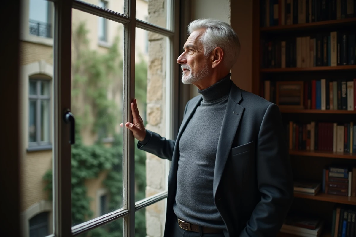 Homme mature se tenant près d'une fenêtre dans un appartement parisien, contemplant l'extérieur dans une atmosphère de vie privée et d'intimité préservée