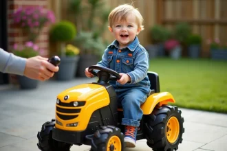 Enfant de 4 ans au volant d'un tracteur électrique télécommandé jaune dans un jardin, parent tenant la télécommande de sécurité au premier plan