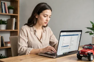Femme vérifiant les spécifications d'un Jeep électrique enfant sur un ordinateur portable avant commande en ligne