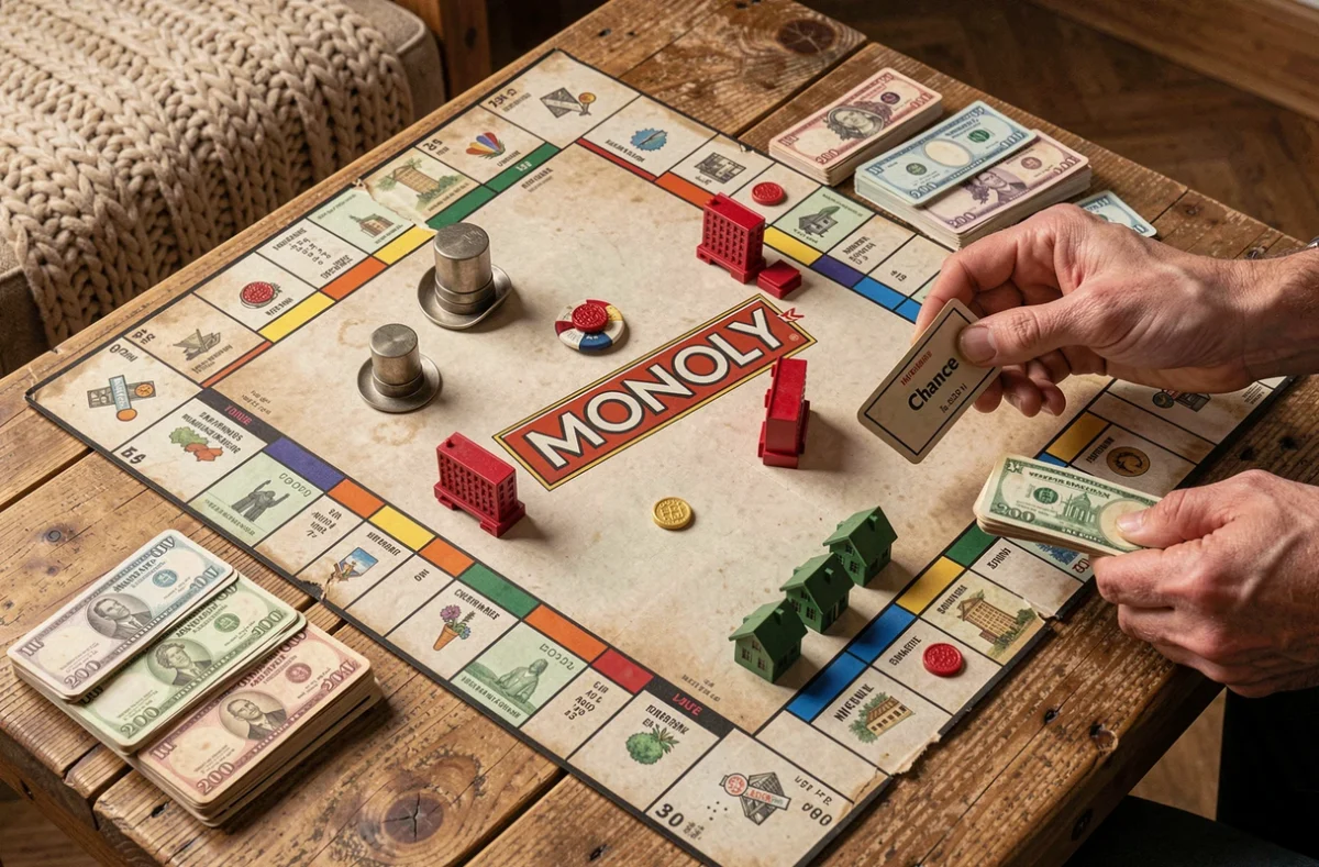 Vue aérienne d'un plateau de Monopoly en cours de partie avec des hôtels, des billets et des cartes chance sur une table en chêne